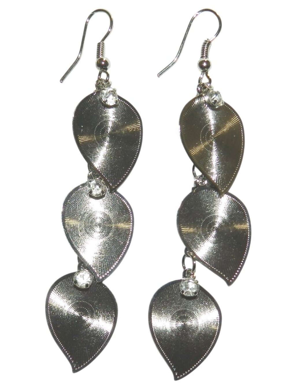 E381 Mixed Media Laser-Cut Metal & Crystal Silver Dangle Fishhook Earrings 1pr